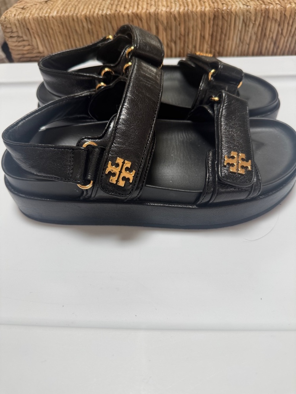 Tory Burch Kira Black Leather Platform Sport Sandals with Gold Logo Size 8 - Picture 5 of 11